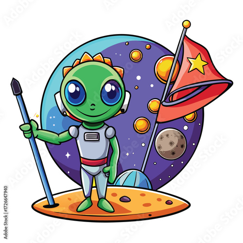 Cartoon alien in spacesuit holding flag on alien planet with planets in background Keywords: alien