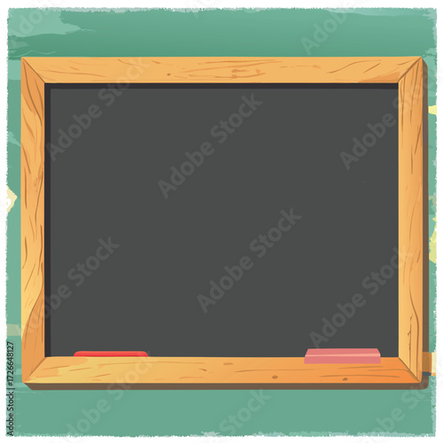 An old rustic blackboard with a wooden frame, slightly worn edges, and chalk dust marks, empty and ready for creative writing or classroom design