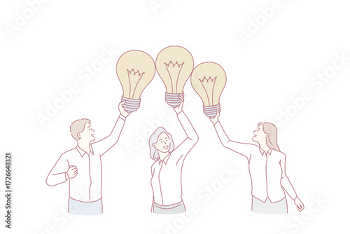 Team and great business idea concept. Group of Young smiling businessmen partners coworkers cartoon characters standing holding light bulbs above vector illustration