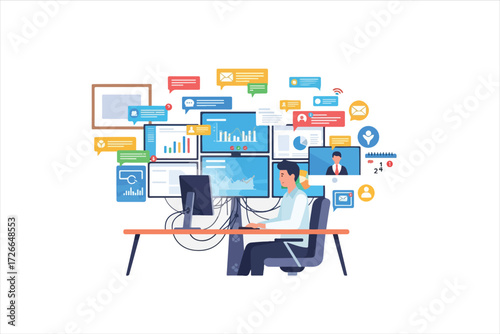 A person working at a desk surrounded by multiple computer screens displaying data and notifications.