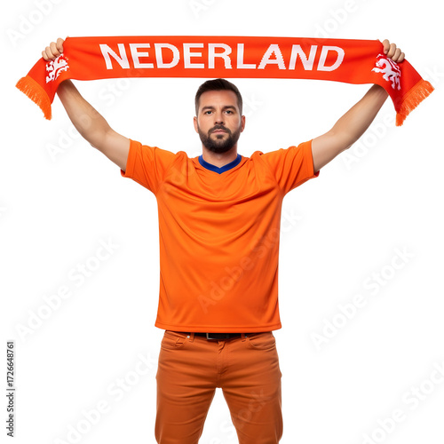 Man in orange holds Nederland scarf above head on white or transparent background