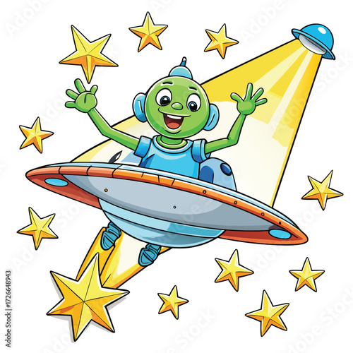 Cheerful cartoon alien in a flying saucer with stars and light beam space