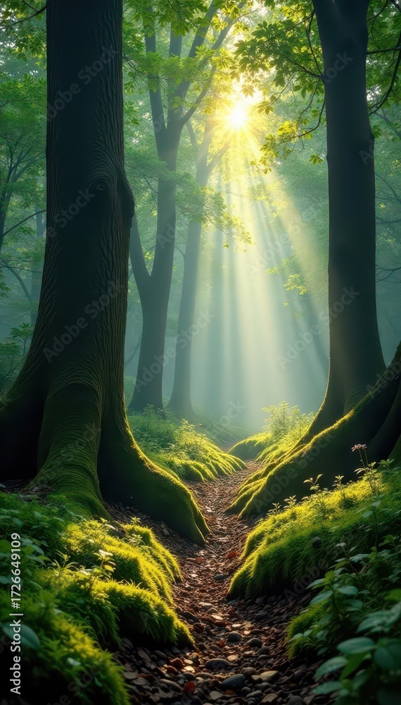 Fototapeta premium Sunbeams dapple mossy forest floor, ancient trees loom , golden hour, background, canopy