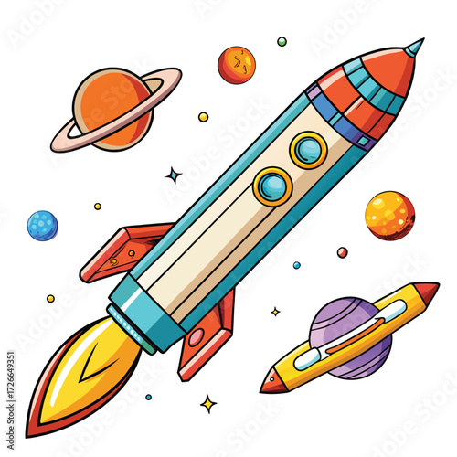 Colorful cartoon rocket ship with planets and stars in space spaceship