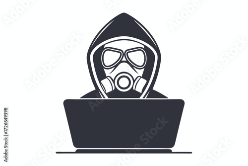 Person wearing a gas mask and a hood sits behind a laptop screen