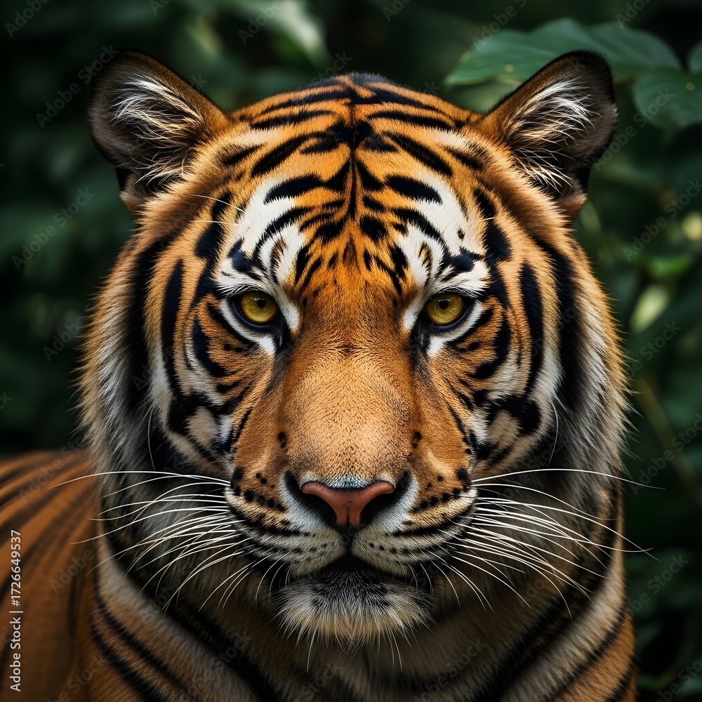 Obraz premium Close-up portrait of a majestic Bengal tiger staring intently with fierce yellow eyes, showcasing the raw power of the wild