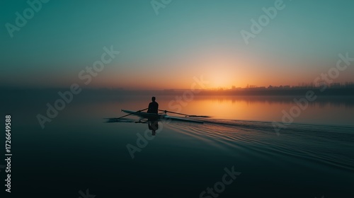 A lone rower glides silently across a calm lake, silhouetted against a vibrant sunrise, capturing tranquility and solitude.