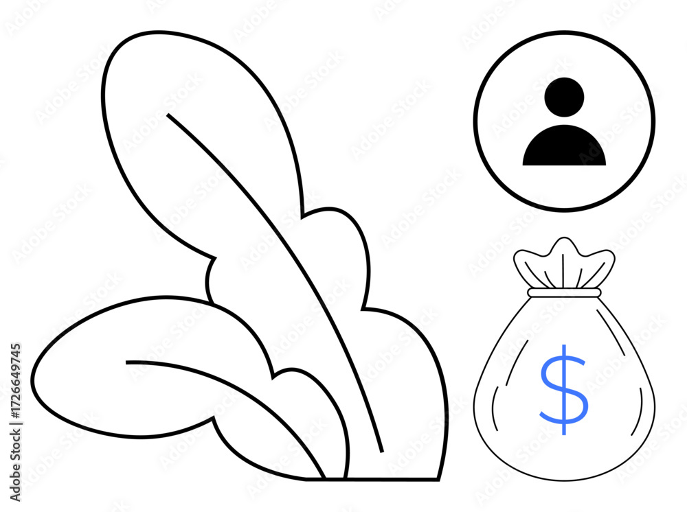 Obraz premium Plant leaves representing nature, user profile denoting individual responsibility, and money bag indicating economic value. Ideal for nature, agriculture, sustainability, eco-finance, investment