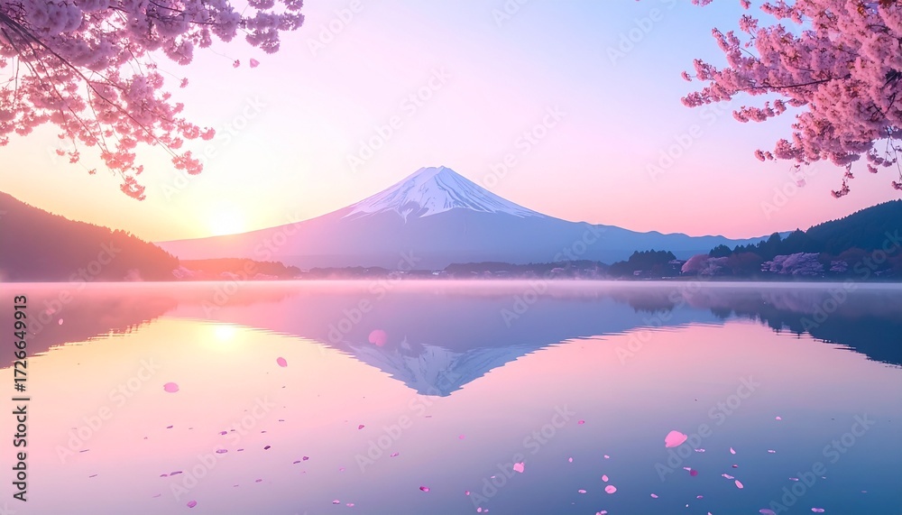 Obraz premium 朝日が昇る富士山と花びらが舞う満開の桜と湖のCGイラスト