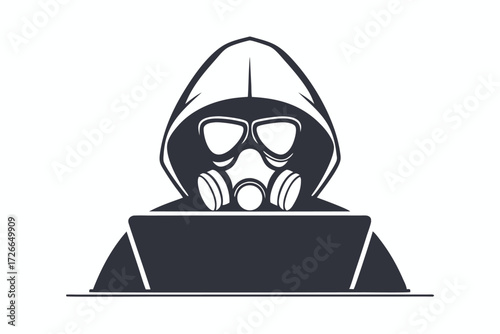 Person wearing a gas mask and hoodie intently uses a laptop device now