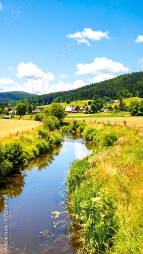 A tranquil river flowing through a lush, golden landscape under a vibrant blue sky