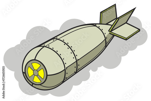 Vector illustration nuclear bomb featuring a yellow radiation hazard symbol, isolated on a clean white background