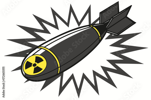 Vector illustration nuclear bomb featuring a yellow radiation hazard symbol, isolated on a clean white background