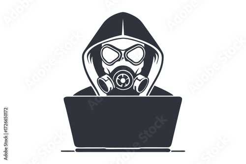 Person wearing gas mask and hoodie raises hands before laptop, creating a monochrome image