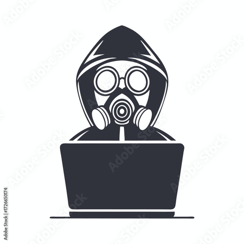 Person wearing hooded sweatshirt and gas mask is working on a laptop computer