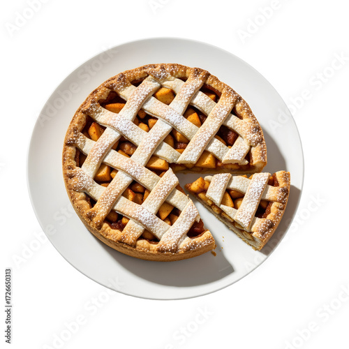 A latticetopped apple pie with a slice removed sits on a white plate on white or transparent background