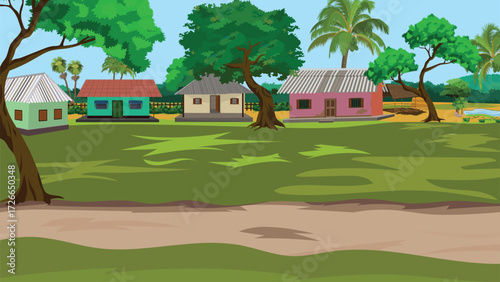 Cartoon Village Scene with Simple Houses and Lush Green Landscape Keywords: cartoon, village, scene, houses, homes