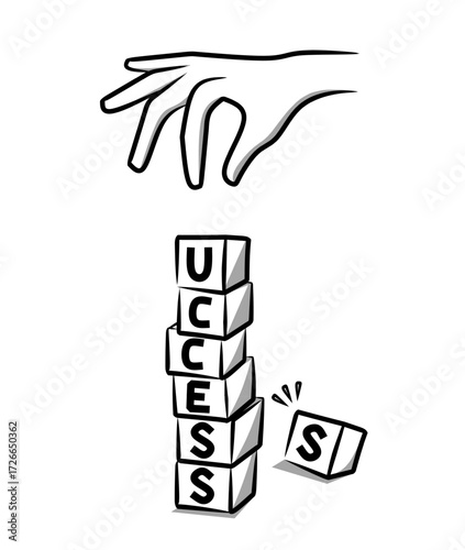 Illustration of finger pointing at stacked cubes forming the word success with one cube falling, symbolizing success comes through failure and persistence to rise again in motivational cartoon style