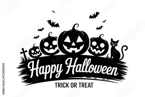 Happy halloween pumpkins, bats, and black cat isolated on transparent background