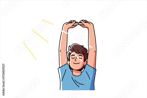 Man stretching arms overhead, eyes closed, smiling, enjoying the morning sunshine.