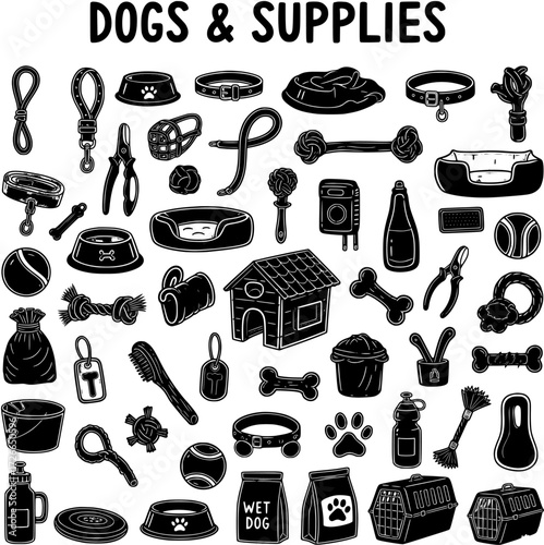 Vector Illustration of Dog Accessories and Pet Supplies in Monochrome. A comprehensive set of canine care items like bowls, collars, leashes, toys, beds, food, and grooming tools.