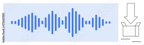 Blue soundwave graphic with adjacent downward arrow pointing to an open box. Ideal for audio, technology, data transfer, sound processing, music streaming, file sharing, digital storage. A clean