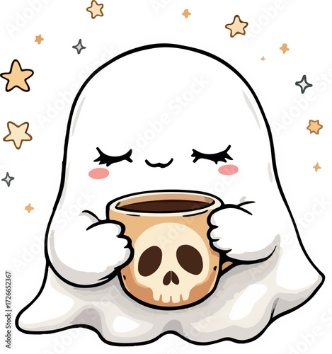 Cute cartoon ghost with skull mug and stars vector illustration for cozy spooky season, Halloween, and autumn designs