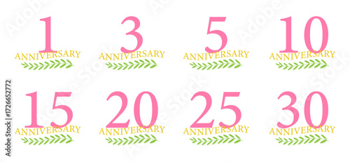 ピンクの周年記念デザインセット（1周年, 3周年, 5周年, 10周年, 15周年, 20周年, 25周年, 30周年）
