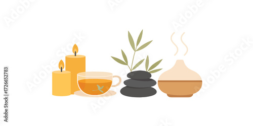 Print   Flat vector spa wellness scene – candles, herbal tea, massage stones, bamboo leaves, aroma diffuser – clean minimal icons, isolated