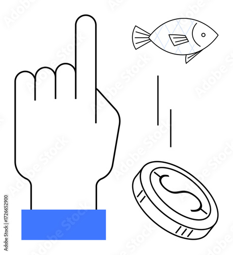Hand pointing upwards, floating fish indicating abundance, and coin suggesting monetary value or rewards. Ideal for concepts thumbs up decision-making, finance, choice, investment, economy