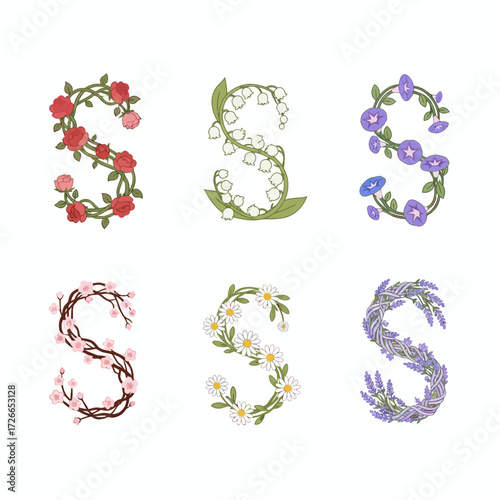 Elegant floral letter S icon set featuring beautiful blooms and botanical elements, perfect for decorative typography and nature-inspired design projects
