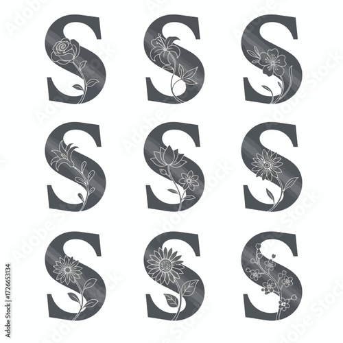 Floral Letter S Icon Set Decorative Alphabet Icons with Flower Designs
