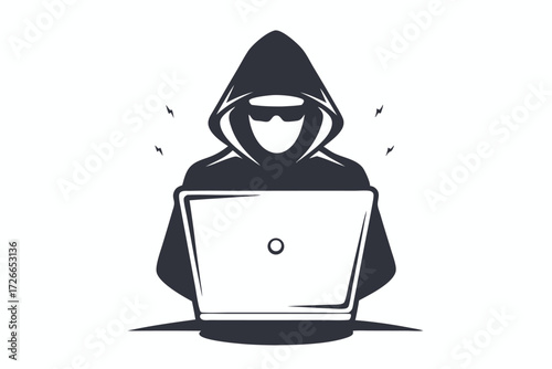 Shadowy figure in a hoodie hacks with a laptop, emphasizing mysterious anonymity