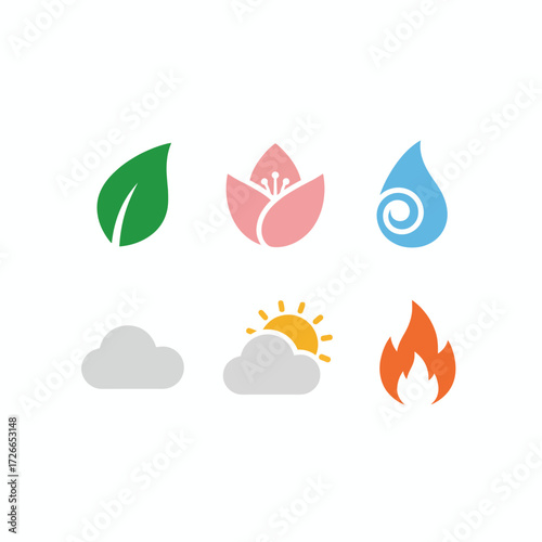 Modern Nature and Weather Elements Icon Set with Leaf, Floral Bloom, Water Drop, Clouds, Sun, and Fire for Web and Graphic Design Projects