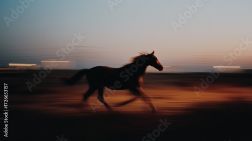 Silhouette of a horse running at sunset, motion blur creating dynamic and serene atmosphere with warm tones.
