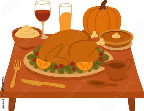 Thanksgiving dinner with roasted turkey and autumn decoration on wooden table in cozy flat cartoon style