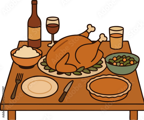 Thanksgiving dinner with roasted turkey and autumn decoration on wooden table in cozy flat cartoon style