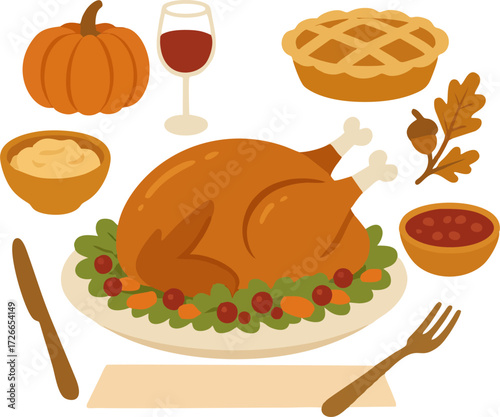 Thanksgiving dinner with roasted turkey and autumn decoration on wooden table in cozy flat cartoon style