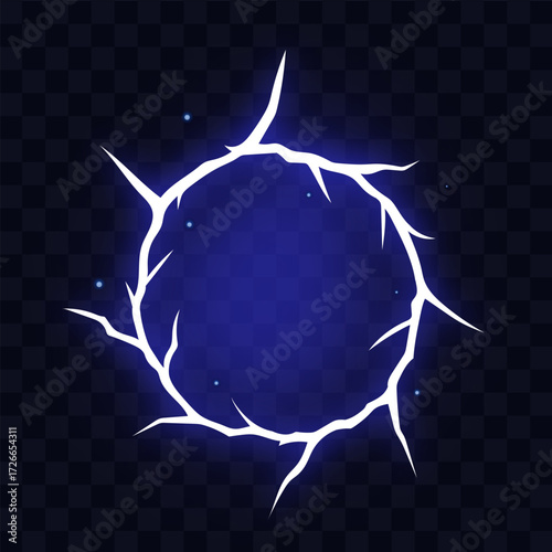 Manga thunder effect builds comic power with energy manga crack forming circle spark. Manga thunder bolt creates glowing fractured ring with sharp edges isolated on transparent background.