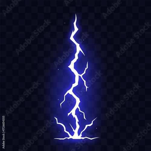 Manga thunder effect depicts comic power as energy manga line falls with fracture spark. Manga thunder bolt forms vertical glowing strike with branching cracks isolated on transparent background.