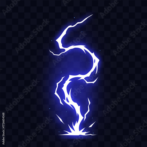Manga thunder effect renders comic power as energy manga spark falls in zigzag path. Manga thunder flash strikes ground in broken glowing bolt isolated on transparent background.