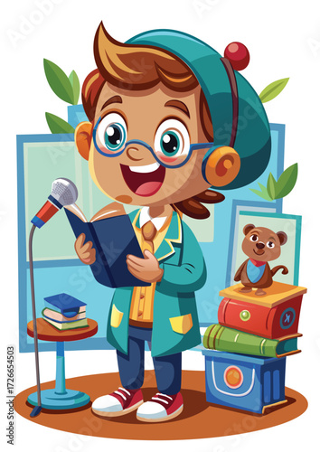 Young child dressed as a reader. holding a book and microphone. in a library setting