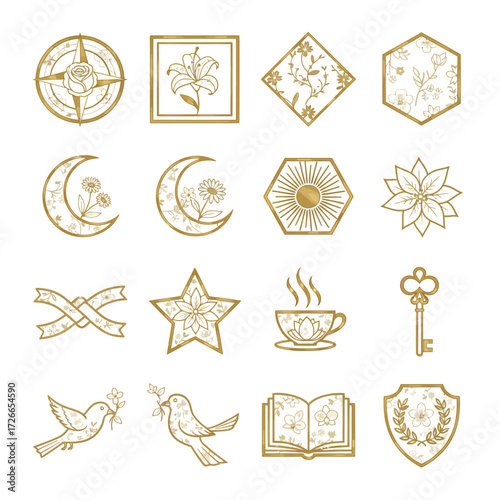 Mystical golden line art icon set featuring elegant flowers, celestial symbols, and decorative emblems for design