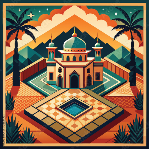 A stylized illustration of a mosque in a desert oasis