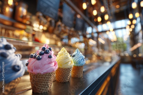 Colorful frozen yogurt in waffle cones, displayed at a food stall