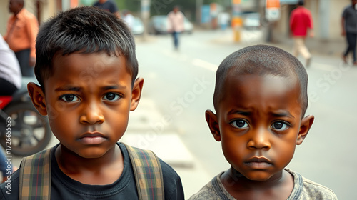 Urban youth: Street children facing the challenges of life on the streets, highlighting their resilience and survival instincts in a harsh environment often devoid of support or protection.