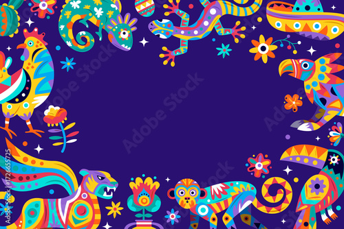 Handcrafted Mexican Folk Art Composition with Animals Background