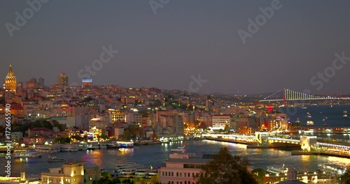Evening view of Bosphorus Bridge, Galata Tower, Golden Horn Istanbul, Turkey, Turkiye