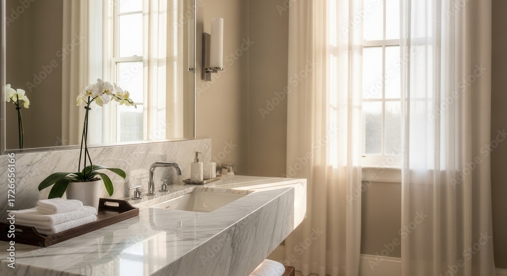 Fototapeta premium Elegant bathroom interior with marble vanity, orchid, and natural light from window