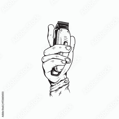 Bold hand drawn illustration of a hand holding vintage hair clippers - perfect for barbershop branding, retro style designs and grooming concepts